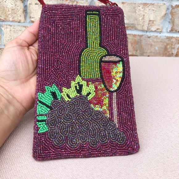 Bamboo Trading Company Red Wine Lovers Club Bag Beaded Phone Crossbody, Merlot - Picture 3 of 14